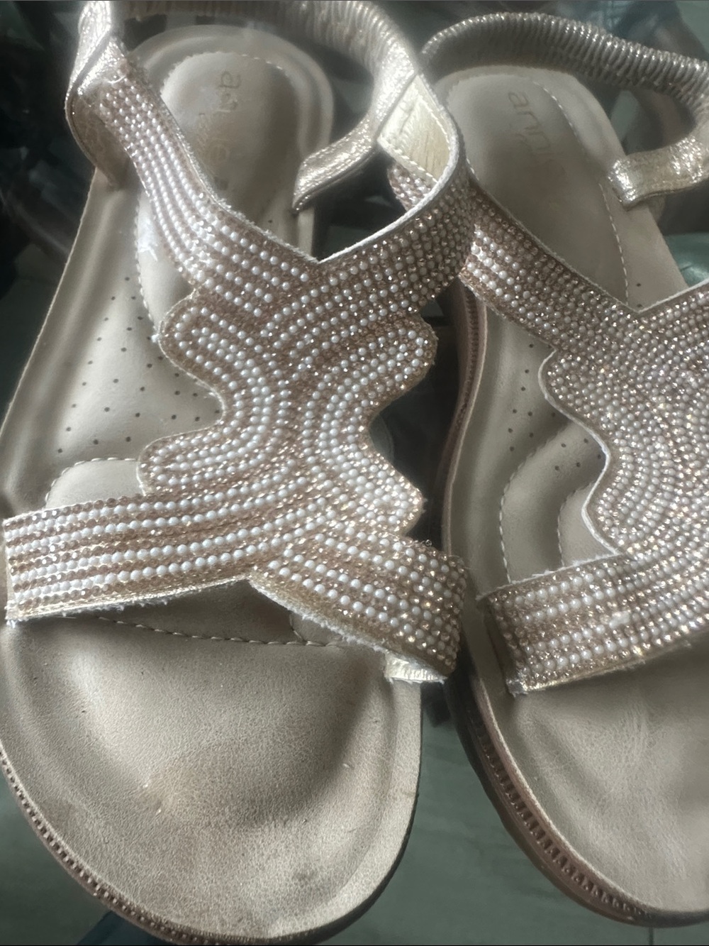 Women's Embellished Gold T-Strap Sandals - Comfortable Dressy Style